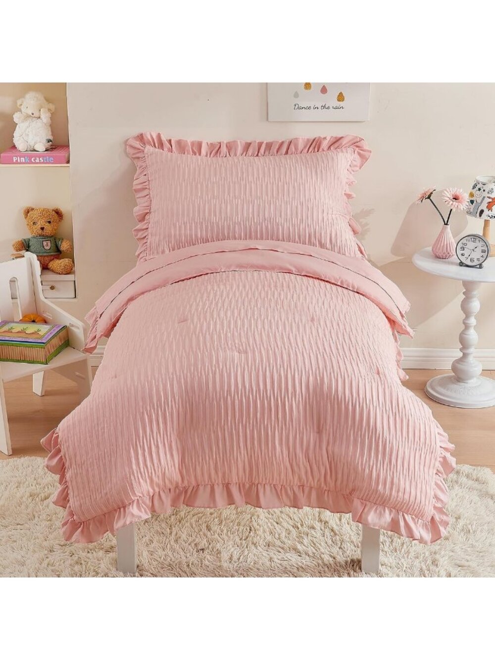 Cozy 4-Piece Textured Seersucker Toddler Bedding Set with Ruffles, Pink